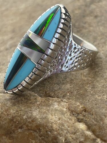 Navajo Opal & Turquoise Inlay Ring | Sterling Silver | Sz 7.5 | Authentic Native American Handmade | 1597