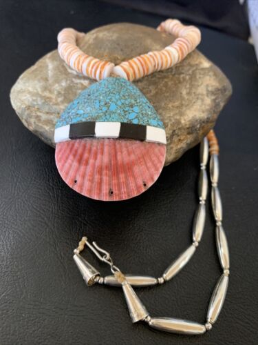 Authentic Native American Santo Domingo Shell Pendant Necklace | Spiny Oyster & Blue Turquoise | 26" | 12519