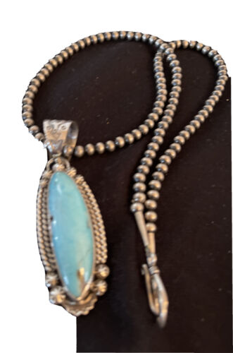Men's Blue Kingman Turquoise Pendant | Navajo Pearls Sterling Silver Necklace | Authentic Native American Handmade | 01071