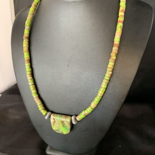 Navajo Green Gaspeite Turquoise Pendant | Sterling Silver | Authentic Native American Handmade | 13940