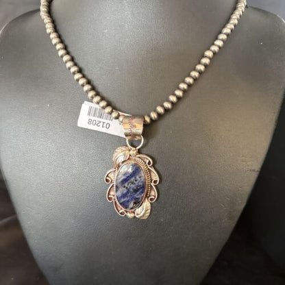 Navajo Denim Lapis Pendant Necklace | Sterling Silver Beads | Authentic Native American Handmade | 1208