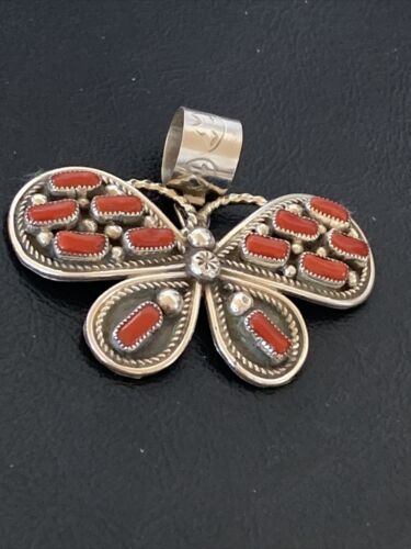 Navajo Red Coral Butterfly Pendant | Authentic Native American Sterling Silver | Multi-Stone | 1.5" | 1998