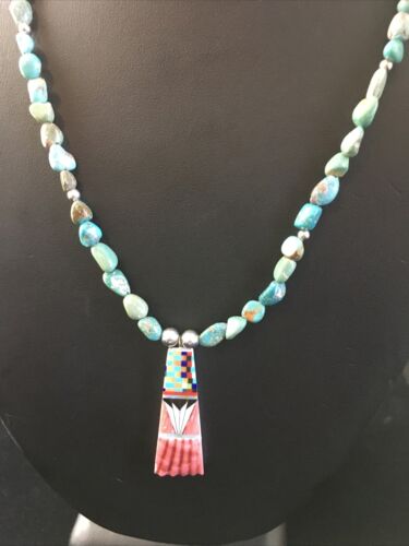 Authentic Native American Navajo Sterling Silver Necklace with Green Turquoise Inlay Pendant | 25" | 1751