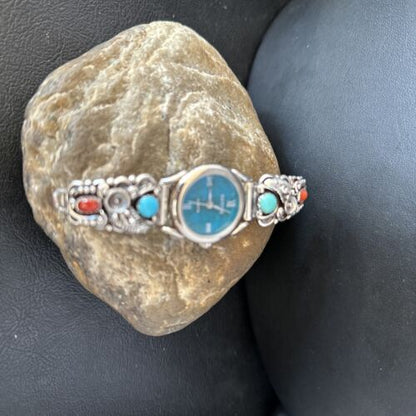 Navajo Blue Turquoise & Coral Watch Tips | Sterling Silver | Authentic Native American Jewelry | 14325