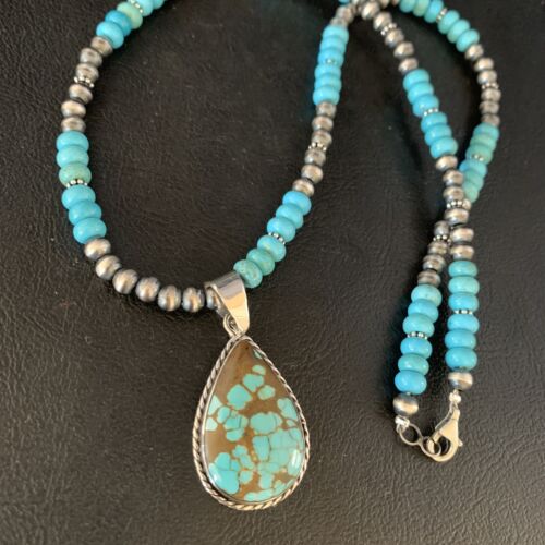 Navajo Blue Turquoise Pendant Necklace | Sterling Silver | Authentic Native American Handmade | 13827