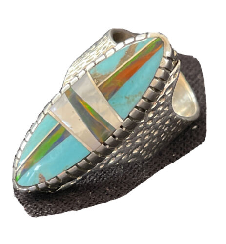 Navajo Multi-Color Opal & Turquoise Inlay Ring | Sterling Silver | Sz 7 | Authentic Native American Handmade | 1582