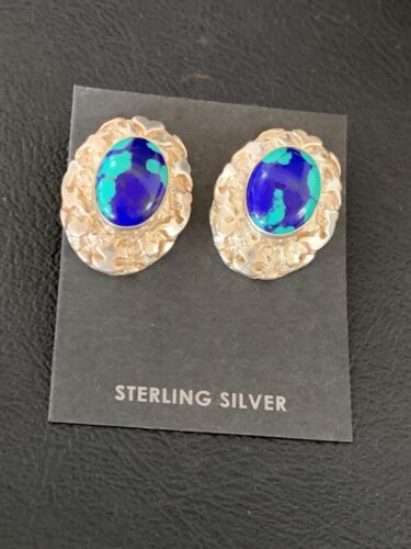 Native American Women's Blue Azurite Nugget Earrings | Sterling Silver | 13016