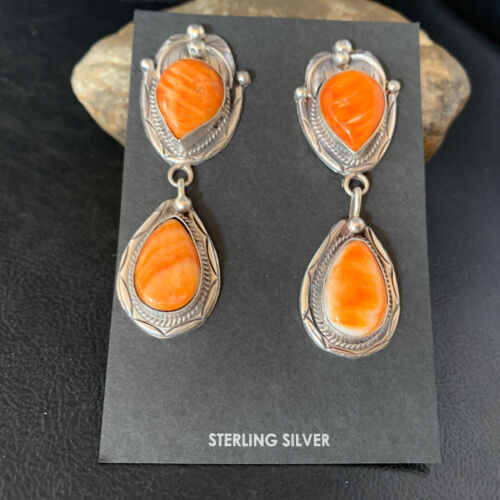 Navajo Orange Spiny Oyster Dangle Earrings | Sterling Silver | Authentic Native American Handmade | 13817