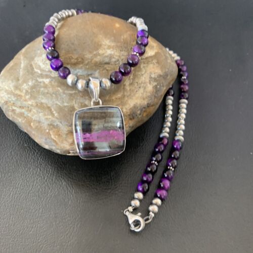 Navajo Pearls Purple Sugilite Onyx Necklace Pendant | Sterling Silver | Authentic Native American Handmade | 13396