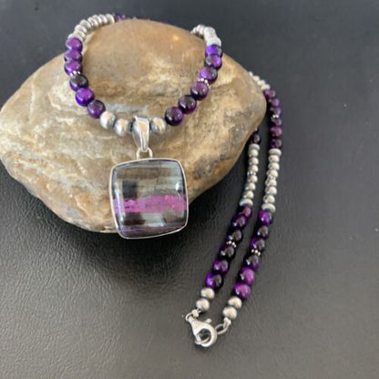 Navajo Pearls Purple Sugilite Onyx Necklace Pendant | Sterling Silver | Authentic Native American Handmade | 13396