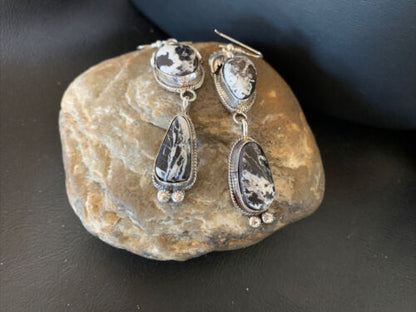 White Buffalo Turquoise Dangle Earrings | Sterling Silver | 2.5" | Authentic Native American Handmade | 12156