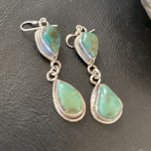 Navajo Royston Turquoise Dangle Earrings | Green Handmade | Sterling Silver | Authentic Native American | 1588