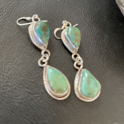 Navajo Royston Turquoise Dangle Earrings | Green Handmade | Sterling Silver | Authentic Native American | 1588