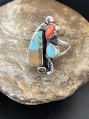 Southwestern Multi-Stone Men's Ring | Authentic Native American Sterling Silver | Turquoise & Spiny Oyster | Sz 11 | 02166
