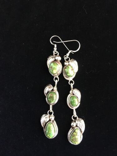 Navajo Green Sonoran Gold Turquoise 3" Dangle Earrings | Sterling Silver | Authentic Native American Handmade | 1732