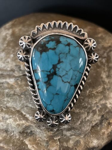 Navajo Blue Spiderweb Turquoise Ring | Sterling Silver | Sz 7.5 | Authentic Native American Handmade | 1068