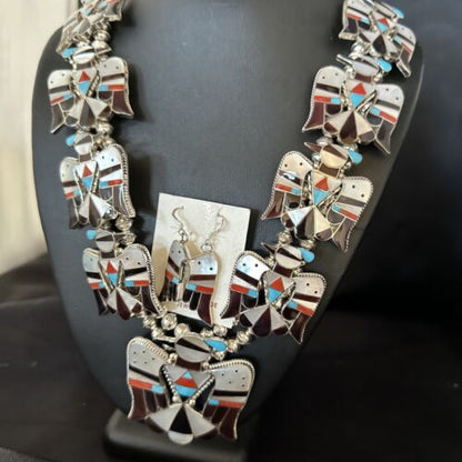 Zuni Thunderbird Turquoise Mother of Pearl Sterling Squash Blossom Necklace | Native American | 14442