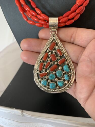 Navajo Coral Turquoise 5-Strand Necklace | Sterling Silver | Authentic Native American Handmade | 00510
