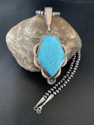 Men's Navajo Pearls Necklace with Blue Kingman Turquoise Pendant | Sterling Silver | Native American | 13255