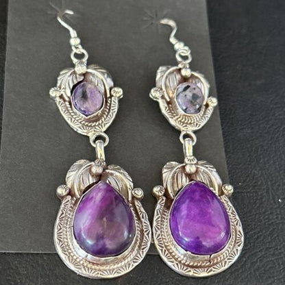 Navajo Purple Sugilite Dangle Earrings | Sterling Silver | 2" | Authentic Native American Handmade | 14461