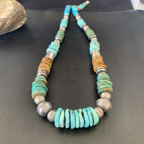 Navajo Blue Green Turquoise Barrel Beads Graduated Necklace | Sterling Silver | Authentic Native American Handmade | 26" | 12673