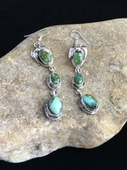 Navajo Green Sonoran Gold Turquoise 3Dangle Earrings | Sterling Silver | Authentic Native American Handmade | 1791