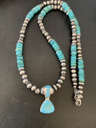 Navajo Pearl Necklace with Blue Turquoise Inlay Pendant | Sterling Silver | Authentic Native American Handmade | 12500