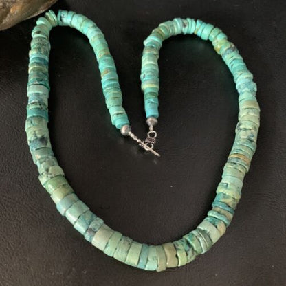 Native American Green Turquoise Heishi Bead Necklace | 12mm | Sterling Silver | Handmade | 22" | 13570 - Masha USA