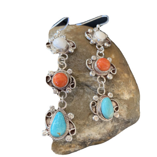 Navajo Spiny, Turquoise & Howlite Dangle Earrings | Sterling Silver | Authentic Native American Handmade | 1574