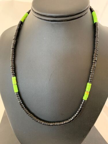 Southwestern Green Gaspeite Heishi Onyx Necklace | Sterling Silver | Men's Jewelry | 19" | 8824