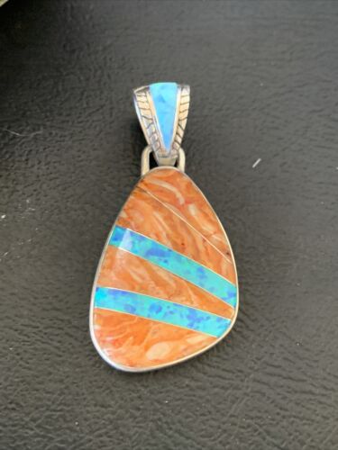 Men's Navajo Orange Spiny Oyster Blue Opal Inlay Pendant | Sterling Silver | Authentic Native American Handmade | 12485