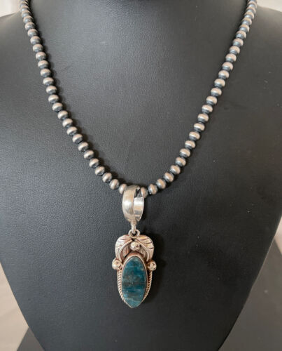 Men's Navajo Sterling Silver Beads Necklace | Denim Lapis Pendant | 2" | Authentic Native American Handmade | 1211