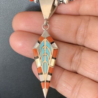 Navajo Blue Turquoise Coral Pendant Necklace | Sterling Silver Inlay | Authentic Native American Handmade | 13840