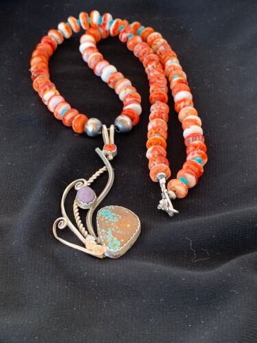 Navajo Blue Turquoise & Spiny Oyster Multi-Stone Necklace Pendant Set | Authentic Native American Sterling Silver | 2846