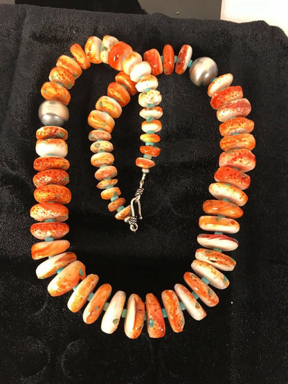 Navajo Orange Spiny Oyster Turquoise Necklace | Sterling Silver | Native American Handmade | 22" | 01822 - Masha USA