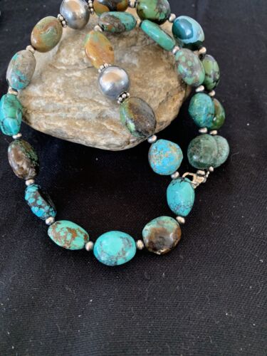 Authentic Native American Navajo Sterling Silver Spiderweb Turquoise Graduated Nugget Necklace | 20" | 229