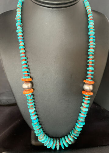 Navajo Natural Turquoise & Spiny Oyster Necklace | Sterling Silver | Authentic Native American | 25" | 13493