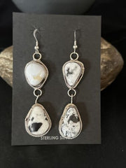 Navajo White Buffalo Turquoise Dangle Earrings | Sterling Silver | 2" | Authentic Native American Handmade | 14716