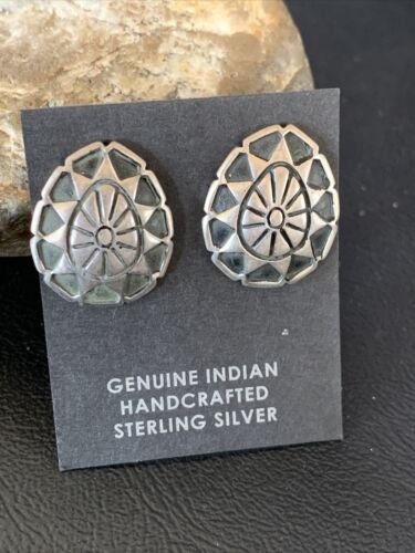 Southwestern Sterling Silver Oval Stud Earrings | 1" | Authentic Native American Handmade | 13001