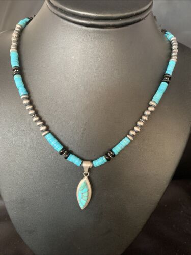 Navajo Inlay Blue Turquoise Onyx Inlay Pendant Necklace | Sterling Silver | Authentic Native American Handmade | 13797