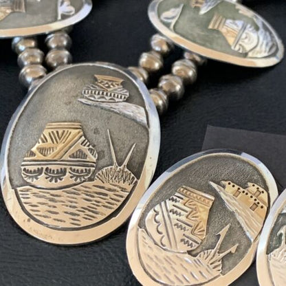 Navajo Gold Filled Sterling Silver Concho Pottery Pendant Necklace Earrings Set | Native American Handmade | 12367