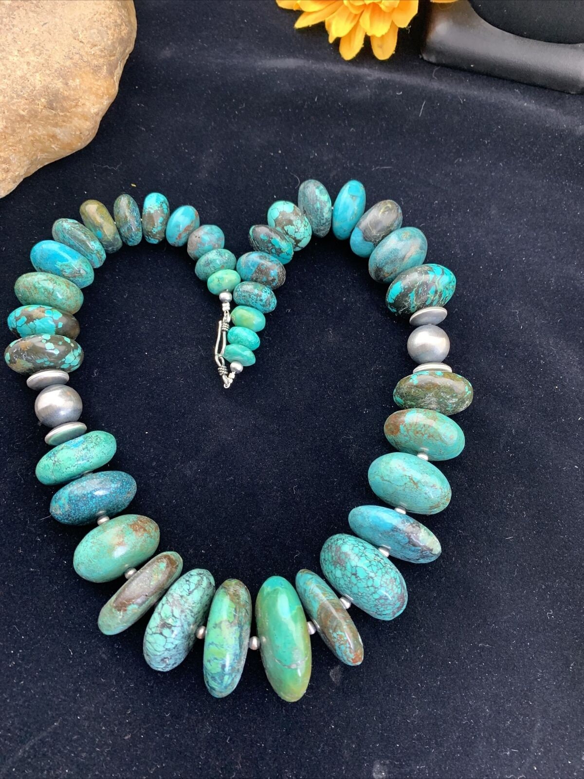 Men's Pearl Grad Sterling Silver Natural Blue Turquoise Necklace | Navajo Handmade | Authentic Native American | 24"| 01746