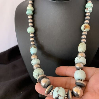 Navajo Pearl Dry Creek Turquoise Beads Necklace | Sterling Silver | 21" | Authentic Native American Handmade | 10978