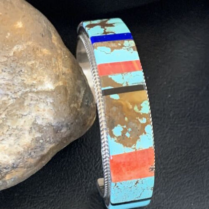 Men's Navajo Turquoise Spiny Lapis Inlay Bracelet | Sterling Silver | Authentic Native American Handmade | 12236