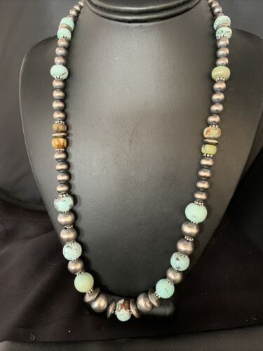 Dry Creek Turquoise Navajo Pearls Beaded Necklace | Sterling Silver | 25" | Authentic Native American Handmade | 14103 - Masha USA