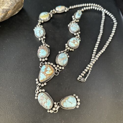 Navajo Golden Hills Turquoise Lariat Necklace | Sterling Silver | Authentic Native American Handmade | 14407