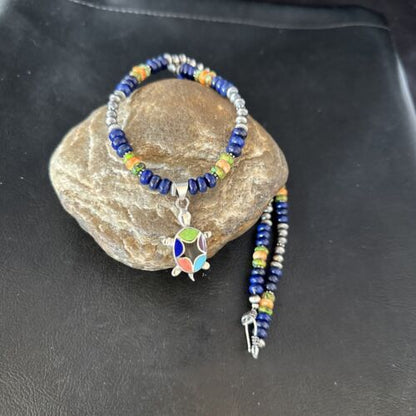 Navajo Green Turquoise and Lapis Inlay Pendant Necklace | Sterling Silver | Authentic Native American Handmade | 14616