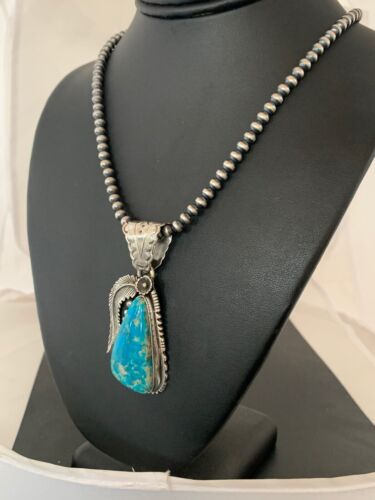 Men's Kingman Turquoise Pendant Necklace | Navajo Pearls | Sterling Silver | Authentic Native American | 4300