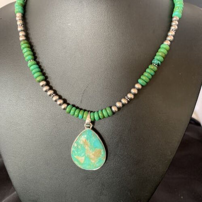 Navajo Green Turquoise Pendant Necklace | Sterling Silver Beads | Authentic Native American Handmade | 13307