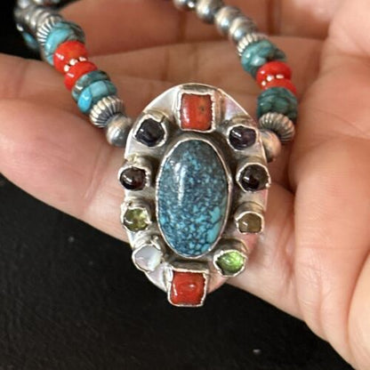Navajo Multi-Color Blue Turquoise Coral Necklace Pendant | Authentic Native American Sterling Silver | Naja | 14371 - Masha USA